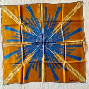 Vera Neumann Blue and Gold Graphic Silk Scarf